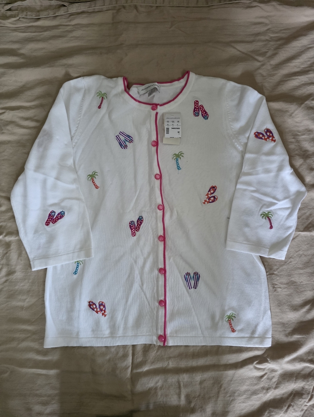 Womens White Cardigan Top with Pink Trim and Summer Embroidery